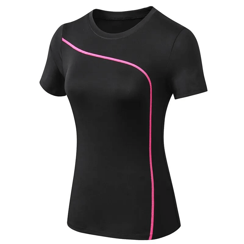 Black female quick dry slim fit t-shirt with pink accent, ideal for yoga and running, made from breathable polyester and spandex blend.