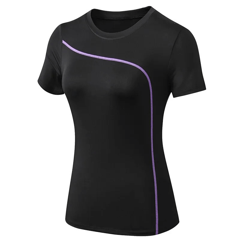 Female quick dry slim fit black t-shirt with purple accents, ideal for yoga and running, made of breathable polyester and spandex.