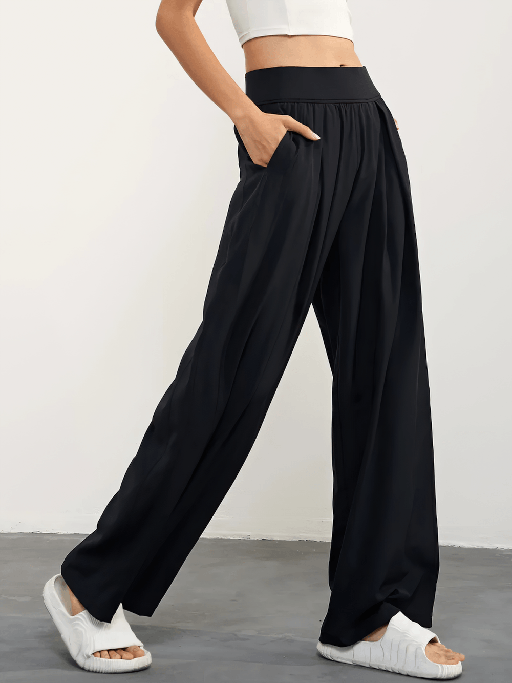 Alt Tag: Female Quick Dry Wide Leg Yoga Pants with Pockets - SF4501 black loose wide-leg quick-dry yoga pants with side pockets