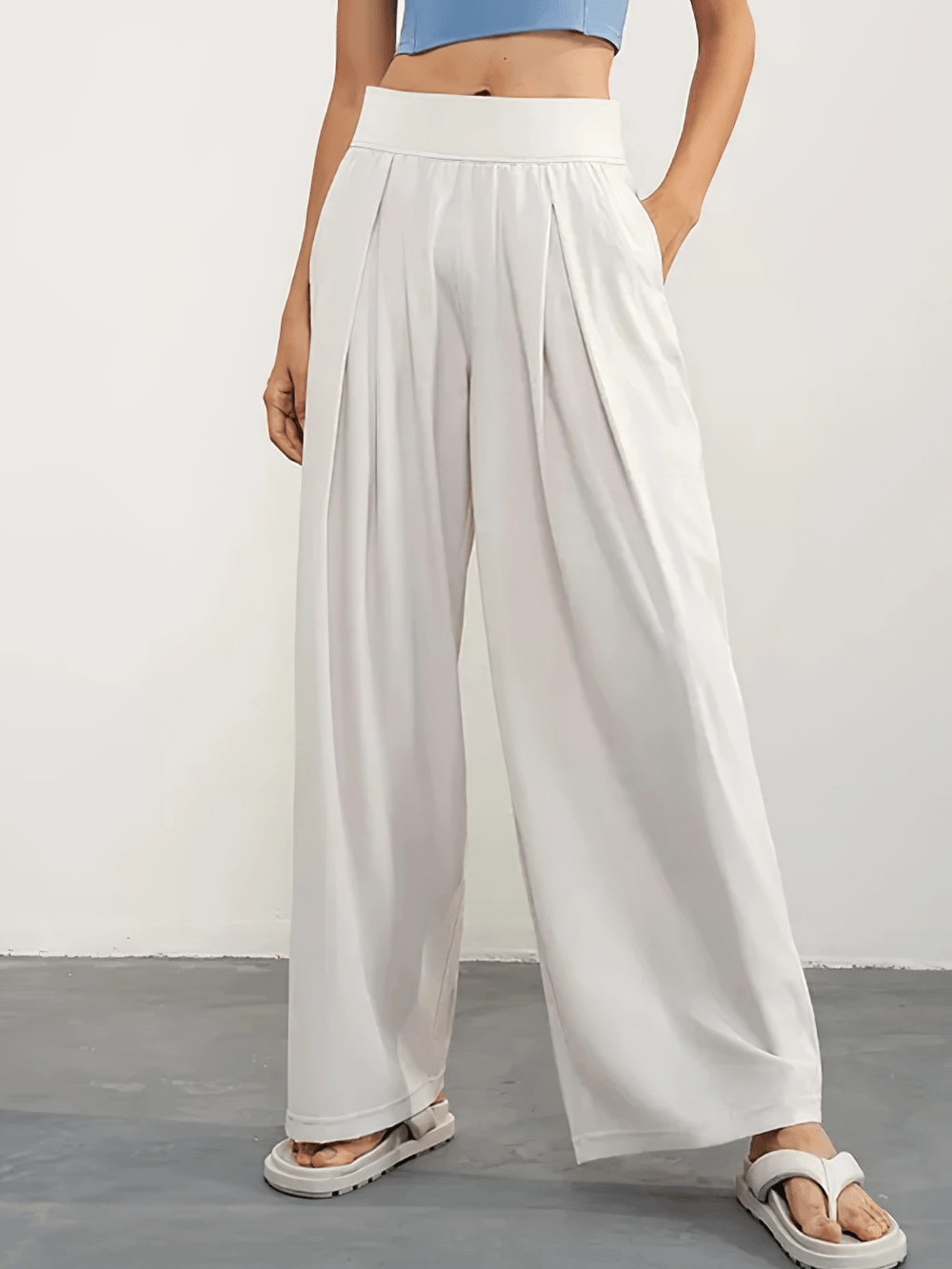 Alt Tag: Female Quick Dry Wide Leg Yoga Pants with Pockets - SF4501 white loose straight-leg quick-dry breathable pants with side pockets