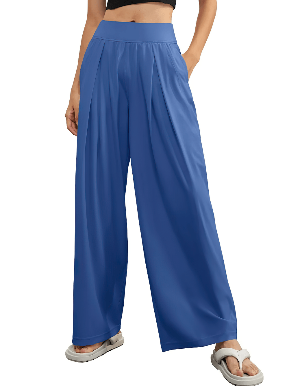 Alt Tag: Female Quick Dry Wide Leg Yoga Pants with Pockets - SF4501 in blue, breathable loose wide-leg pants with side pockets