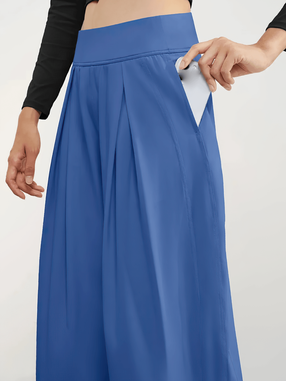 Alt Tag: Female Quick Dry Wide Leg Yoga Pants with Pockets - SF4501 blue wide-leg pants with side pocket, breathable quick-dry flow