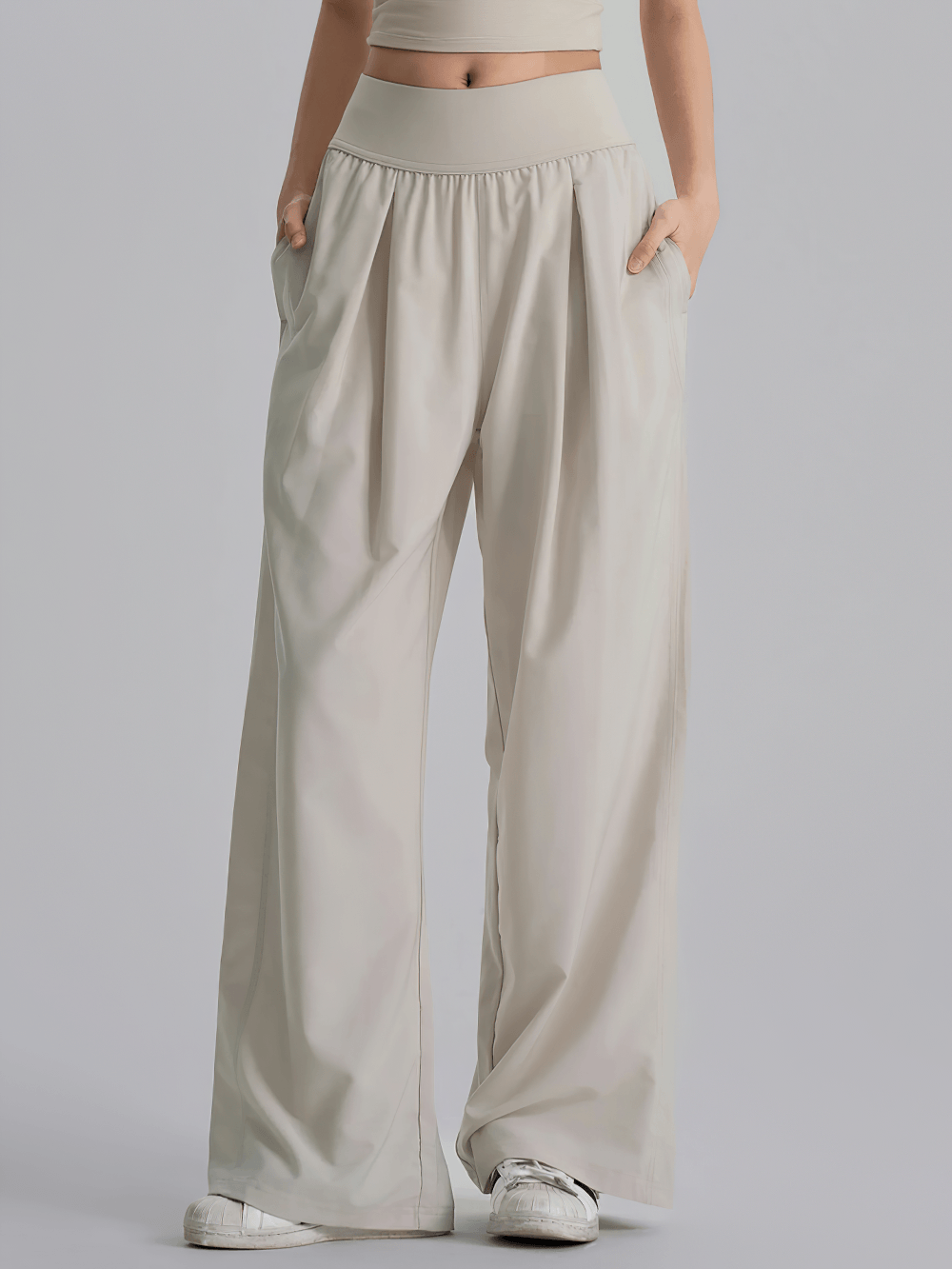Alt Tag: Female Quick Dry Wide Leg Yoga Pants with Pockets - SF4501 in beige, loose straight-leg fit with side pockets, breathable quick-dry