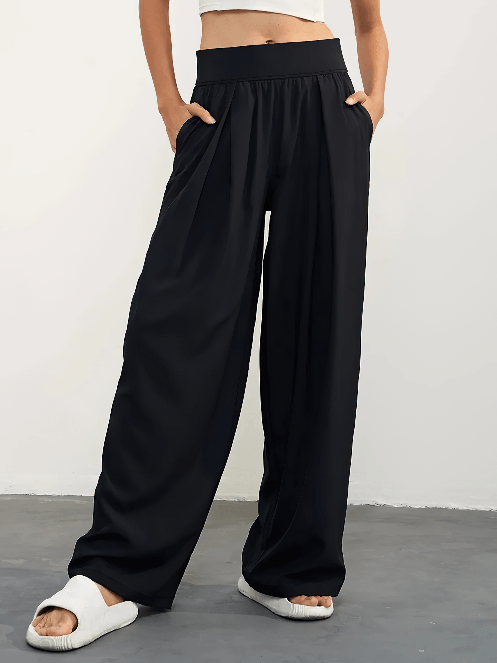 Alt Tag: Female Quick Dry Wide Leg Yoga Pants with Pockets - SF4501 black loose wide-leg quick-dry yoga pants with side pockets