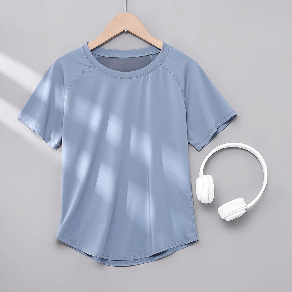 Alt Tag: Female Quick Dry Yoga T-Shirt with Mesh Back Panel - SF4371 blue quick-dry short sleeve workout tee on hanger