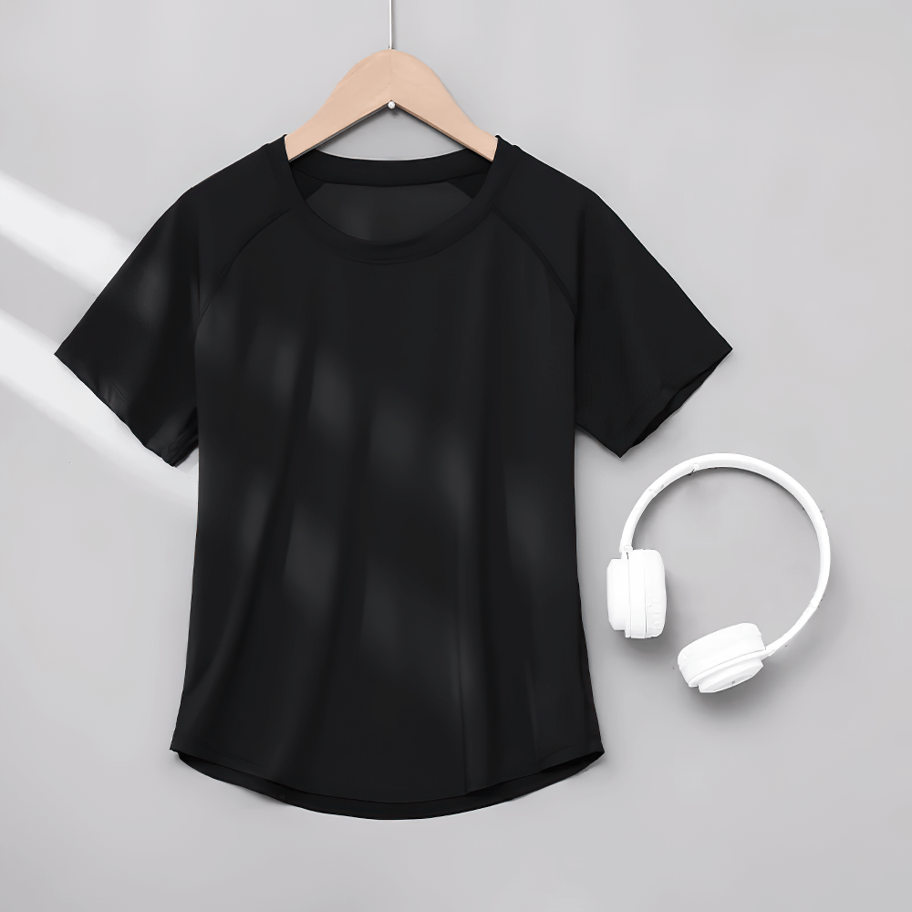 Alt Tag: Female Quick Dry Yoga T-Shirt with Mesh Back Panel - SF4371 black short sleeve workout top on hanger with white headphones