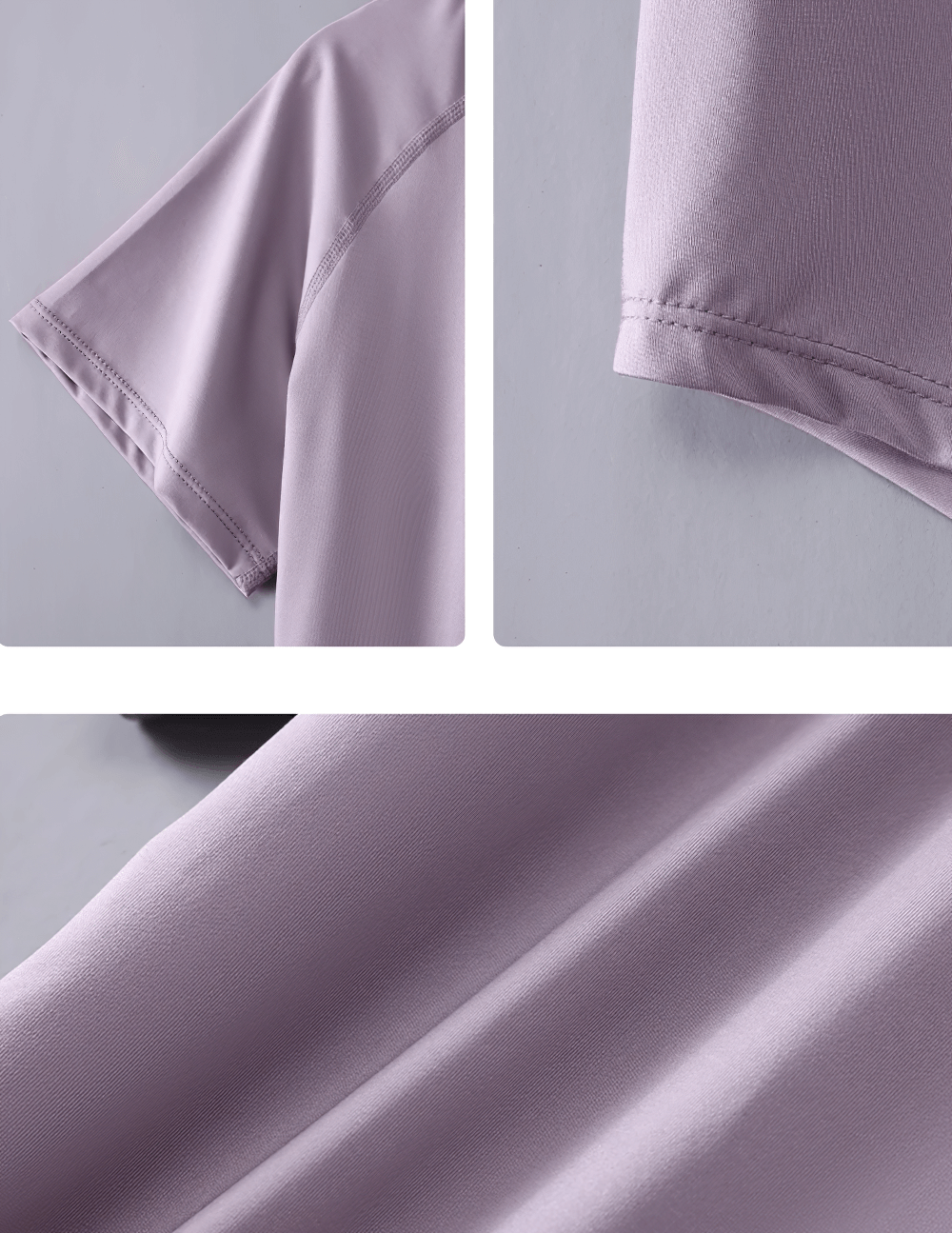 Alt Tag: Female Quick Dry Yoga T-Shirt with Mesh Back Panel - SF4371 lavender fabric close-up showing sleeve hem stitching and smooth quick-dry texture