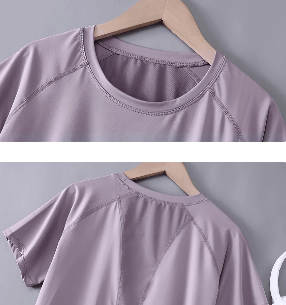 Alt Tag: Female Quick Dry Yoga T-Shirt with Mesh Back Panel - SF4371 on hanger, front and back views showing breathable mesh panel