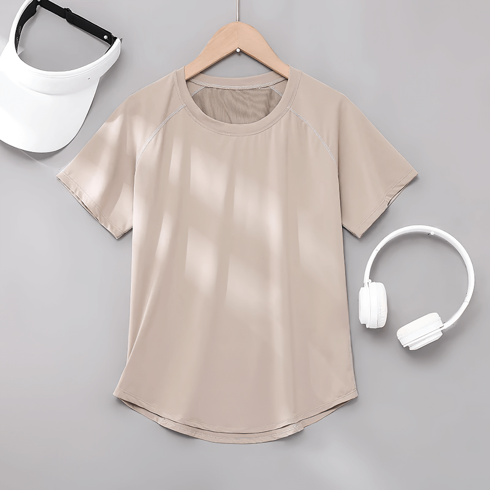 Alt Tag: Female Quick Dry Yoga T-Shirt with Mesh Back Panel - SF4371 beige short-sleeve active top on hanger