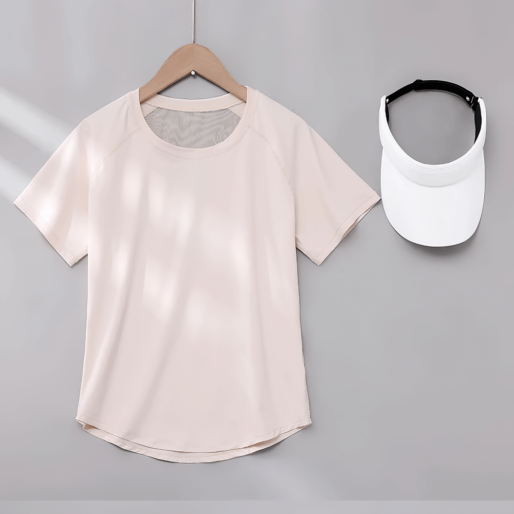 Alt Tag: Female Quick Dry Yoga T-Shirt with Mesh Back Panel - SF4371 in light beige, short sleeve athletic top with visor