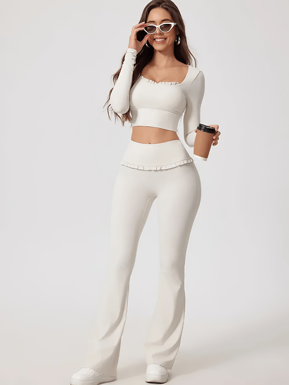 Female Ruffle Trim Long Sleeve Yoga Crop Top - SF4427 white square neck ruffle trim long sleeve crop top set, slim fit, quick-dry