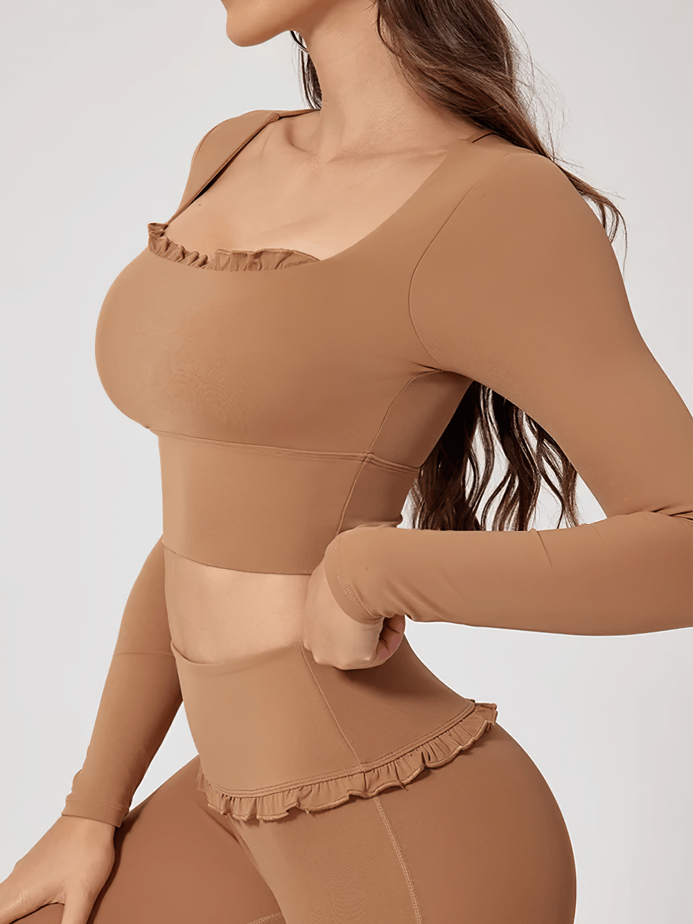 Alt Tag: Female Ruffle Trim Long Sleeve Yoga Crop Top - SF4427 in tan with square neck and ruffle trim, fitted long-sleeve activewear top