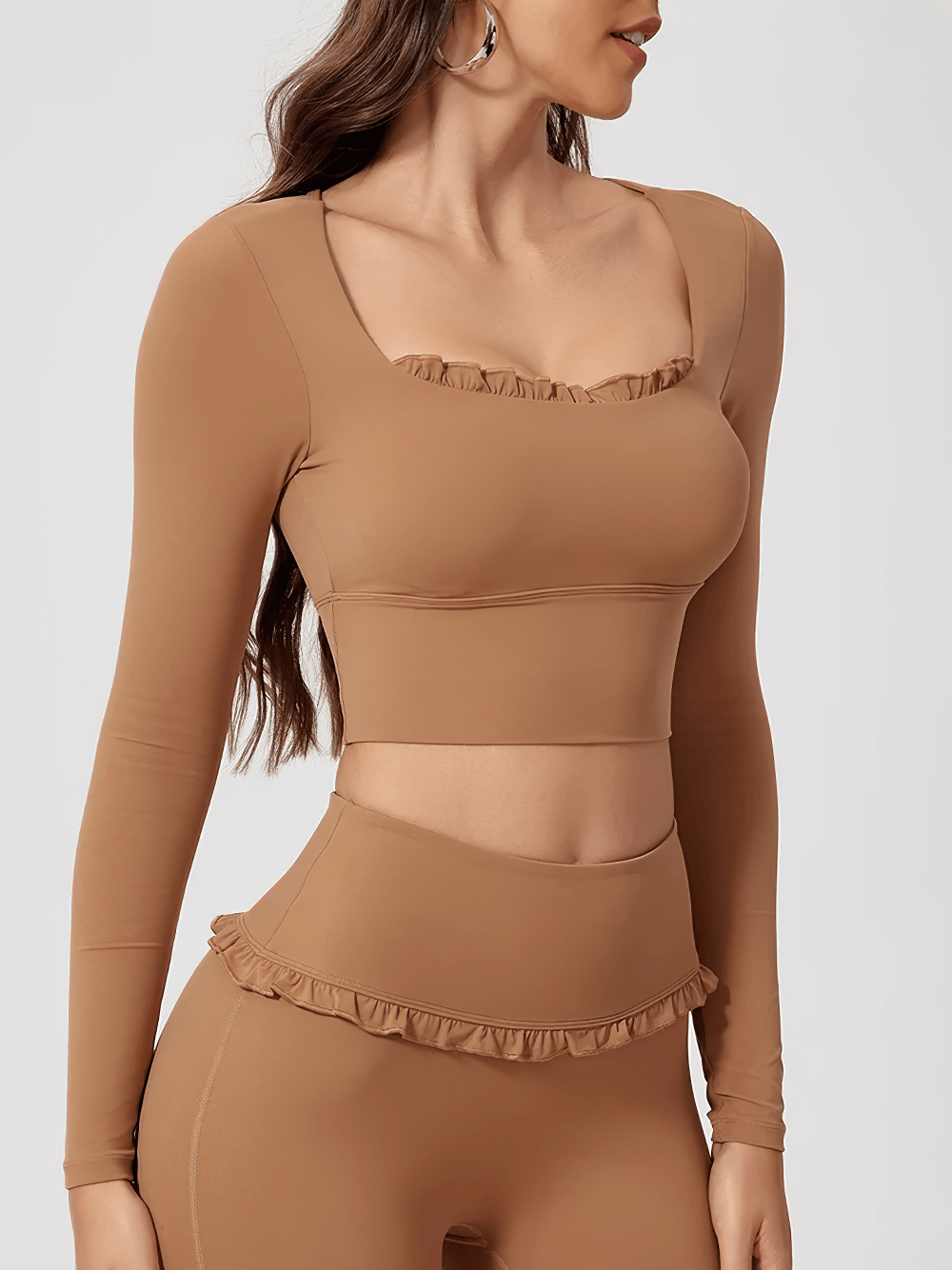 Alt Tag: Female Ruffle Trim Long Sleeve Yoga Crop Top - SF4427 tan square neck long sleeve quick-dry slim fit workout top with ruffle trim