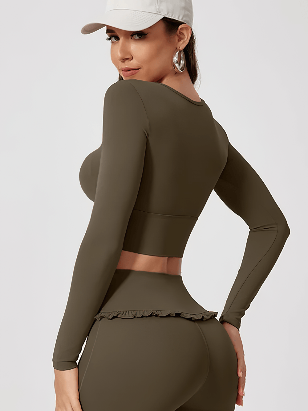 Alt Tag: Female Ruffle Trim Long Sleeve Yoga Crop Top - SF4427 olive set on model, square neck long sleeve, ruffle trim, quick-dry fit