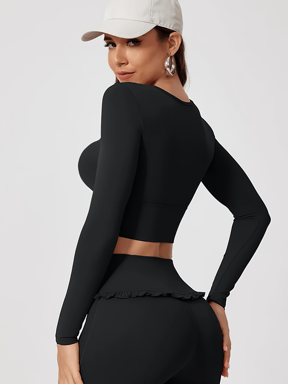 Alt Tag: Female Ruffle Trim Long Sleeve Yoga Crop Top - SF4427 black square neck ruffle trim quick-dry slim fit long sleeve crop top