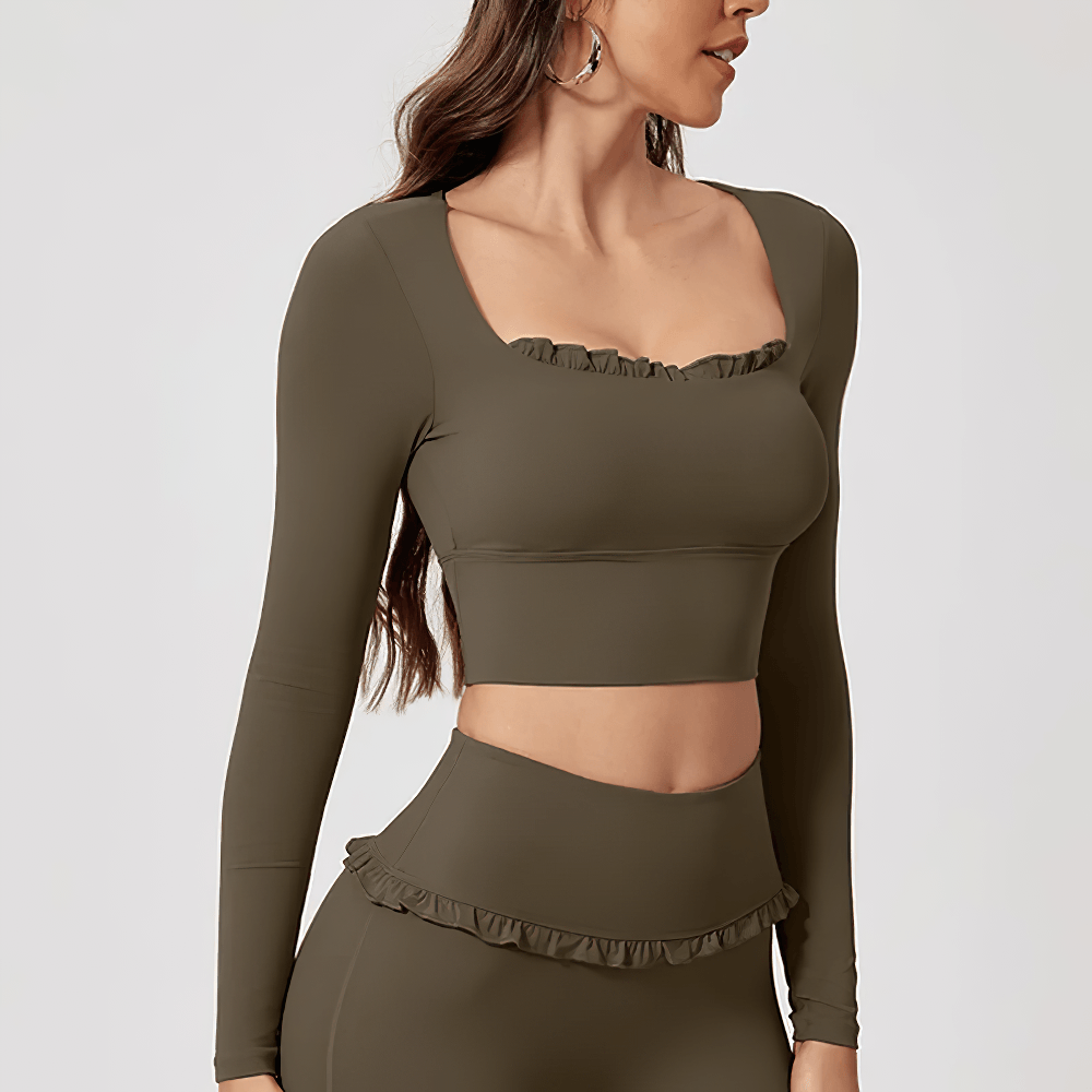 Alt Tag: Female Ruffle Trim Long Sleeve Yoga Crop Top - SF4427 olive square neck ruffle trim long sleeve quick-dry slim fit