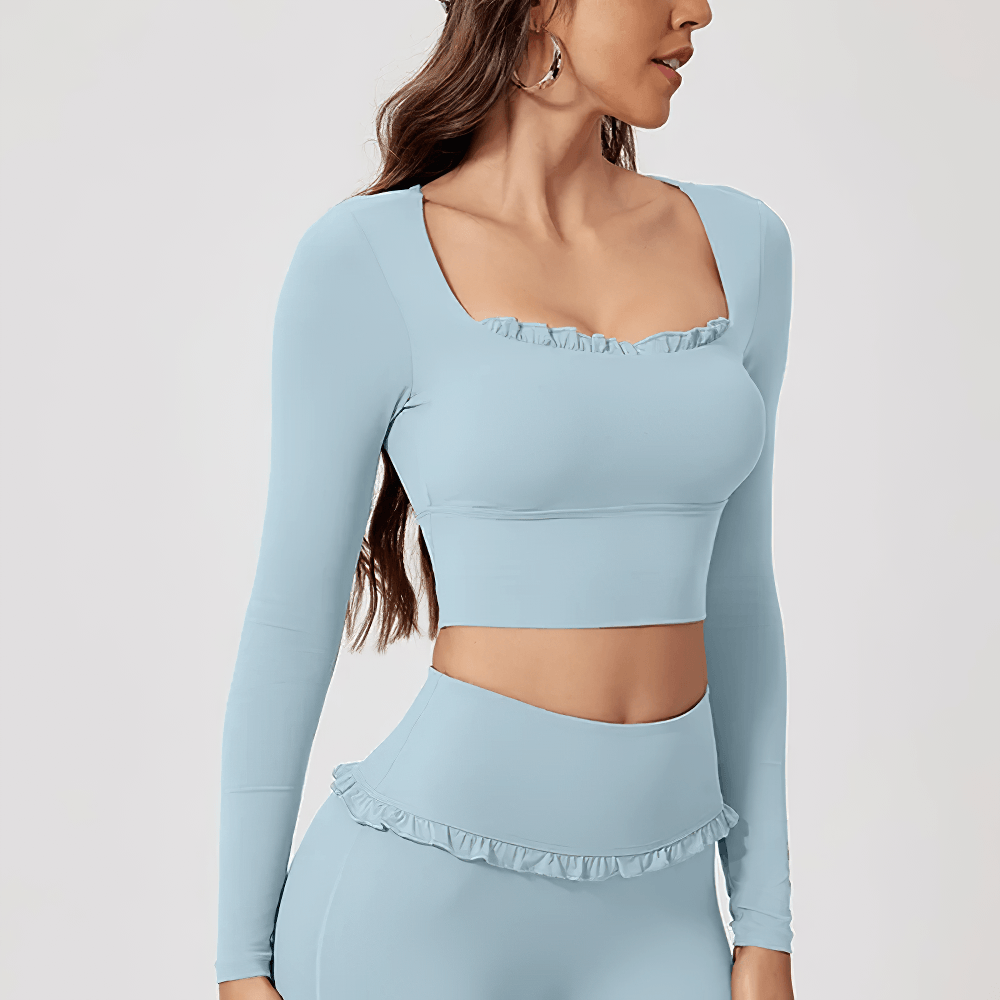 Alt Tag: Female Ruffle Trim Long Sleeve Yoga Crop Top - SF4427 light blue square neck quick-dry slim fit long sleeve activewear top
