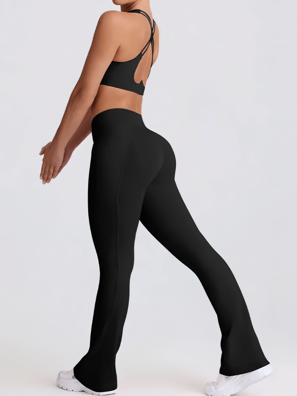 Alt Tag: Female Set of Sports Bra and High Waist Flare Pants - SF4333 black racerback bra with high waist flare leggings, gym-to-street fit