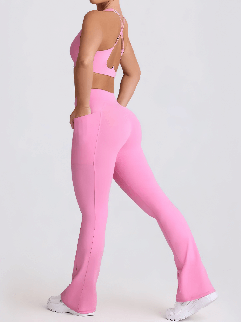Alt Tag: Female Set of Sports Bra and High Waist Flare Pants - SF4333 pink racerback bra and high waist flare pants activewear set