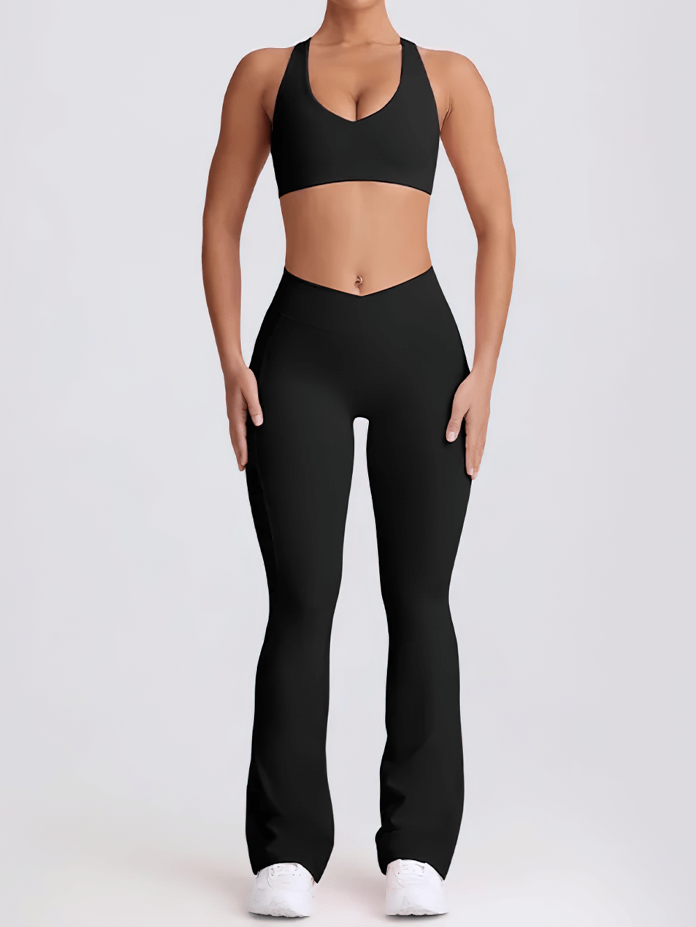 Alt Tag: Female Set of Sports Bra and High Waist Flare Pants - SF4333 black racerback sports bra with V-waist bootcut flare pants