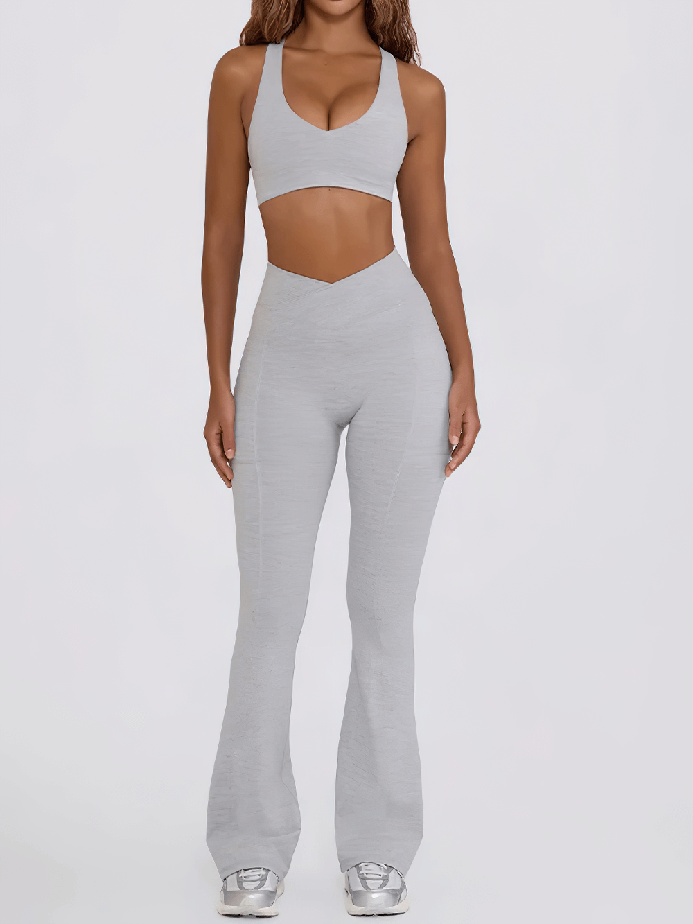 Alt Tag: Female Set of Sports Bra and High Waist Flare Pants - SF4333 light gray racerback bra with V-waist flare bootcut leggings set
