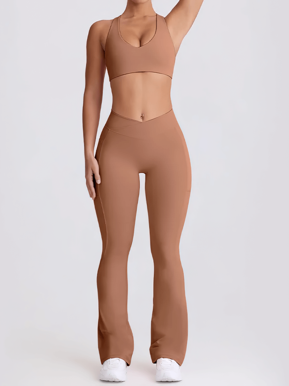 Female Set of Sports Bra and High Waist Flare Pants - SF4333 seamless racerback bra and V-waist bootcut flare pants yoga set