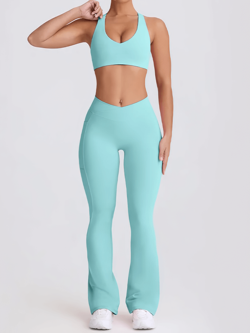 Alt Tag: Female Set of Sports Bra and High Waist Flare Pants - SF4333 aqua racerback sports bra with V-waist flare leggings set