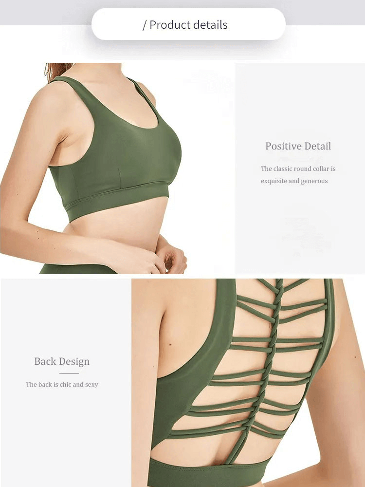 Female backless nylon sports bra for gym and yoga, showcasing breathable design and stylish back straps, in green color - SF1838.