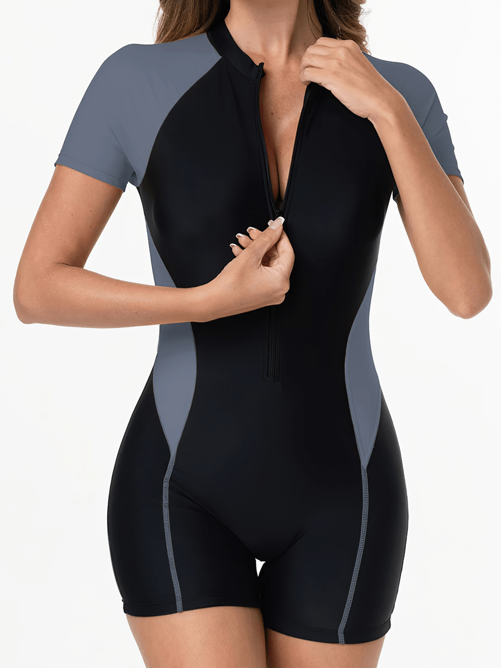 Alt Tag: Female Short Sleeve Surf Zip One Piece Swimsuit - SF4538 black and gray short sleeve front zip sporty one-piece swimwear