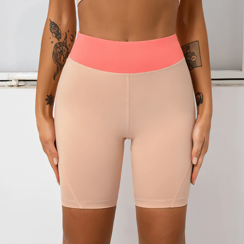 Female sports high waist two-color shorts for optimal comfort and performance, crafted from breathable spandex and nylon.