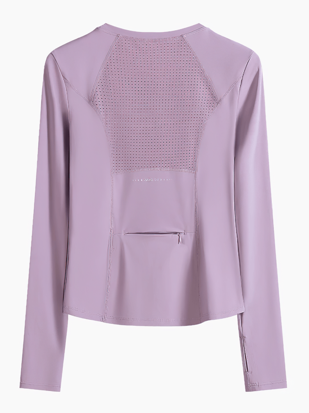 Alt Tag: Female Sporty Quick Dry Long Sleeve Back Pocket Top - SF4474 lavender long sleeve athletic top, breathable mesh back, zip pocket