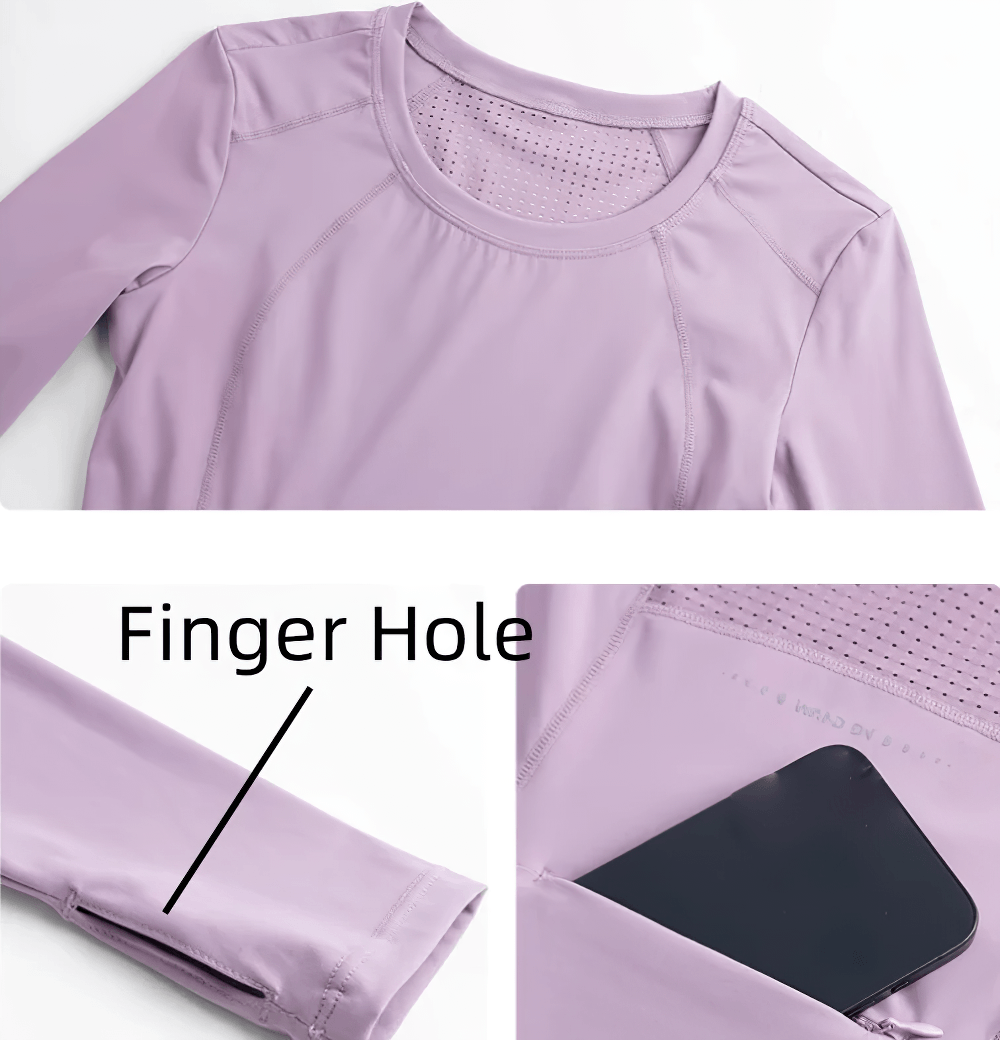 Alt Tag: Female Sporty Quick Dry Long Sleeve Back Pocket Top - SF4474 with finger hole cuffs and back pocket, quick-dry yoga top
