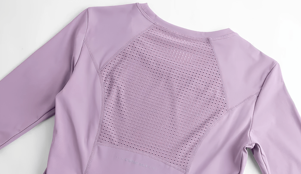 Alt Tag: Female Sporty Quick Dry Long Sleeve Back Pocket Top - SF4474 lavender long sleeve with breathable mesh back panel, quick-dry sporty fit