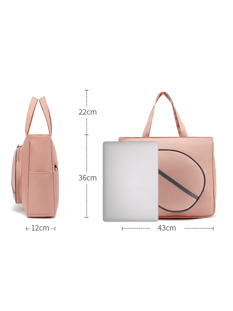 Female sporty stylish tennis and badminton bag in pink with pocket; dimensions shown: 43 x 36 x 12 cm.