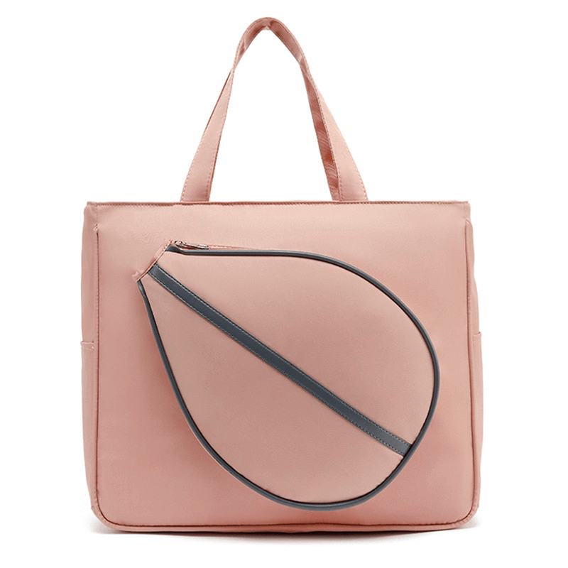 Pink female sporty stylish bag with pocket for tennis and badminton rackets, made of durable nylon and polyester.