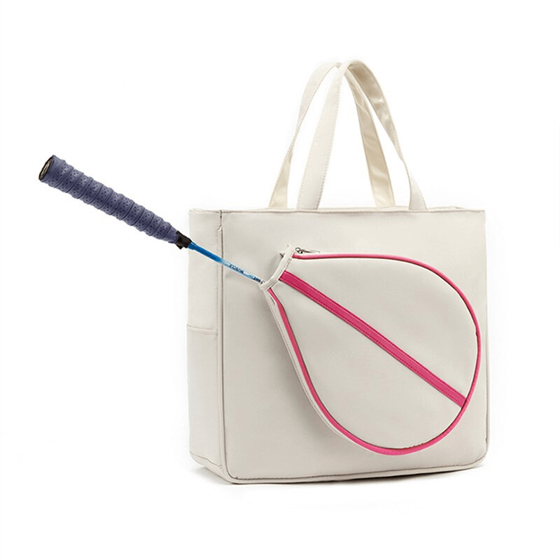 White sporty bag with pink-trimmed pocket holding a tennis racket, designed for female racket sports by SF1487. Size: 43x36x12 cm.