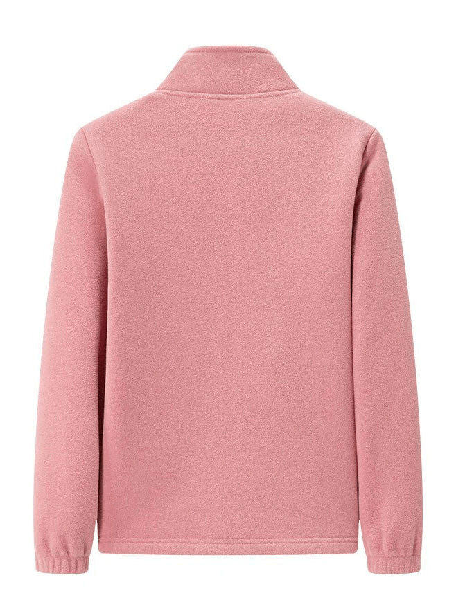 Back view of a pink women's stand collar zip-up loose fleece jacket with pockets, perfect for chilly days.