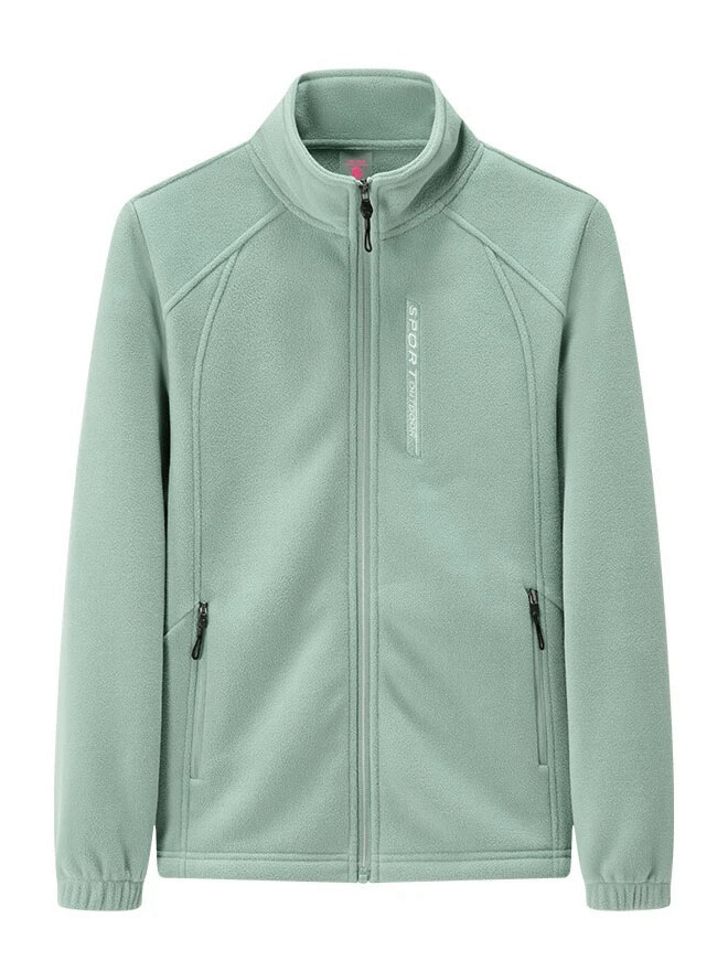 Female stand collar fleece jacket zip-up with pockets in mint green, cozy and stylish outerwear for chilly days.