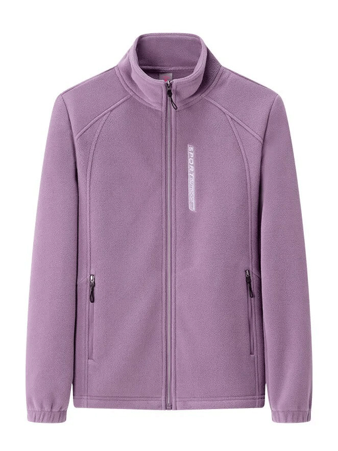 Purple female stand collar fleece jacket with zip-up front and pockets, perfect for stylish warmth.