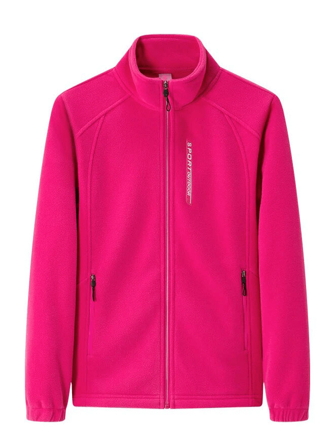 Bright pink stand collar zip-up fleece jacket with pockets for women, comfy polyester with full sleeves - SKU SF1843
