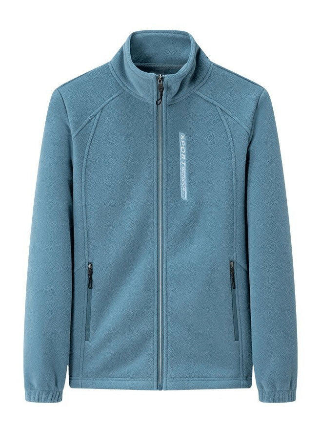 Blue stand collar zip-up fleece jacket with pockets for women, full-length sleeves, ideal for warmth and style in chilly weather.