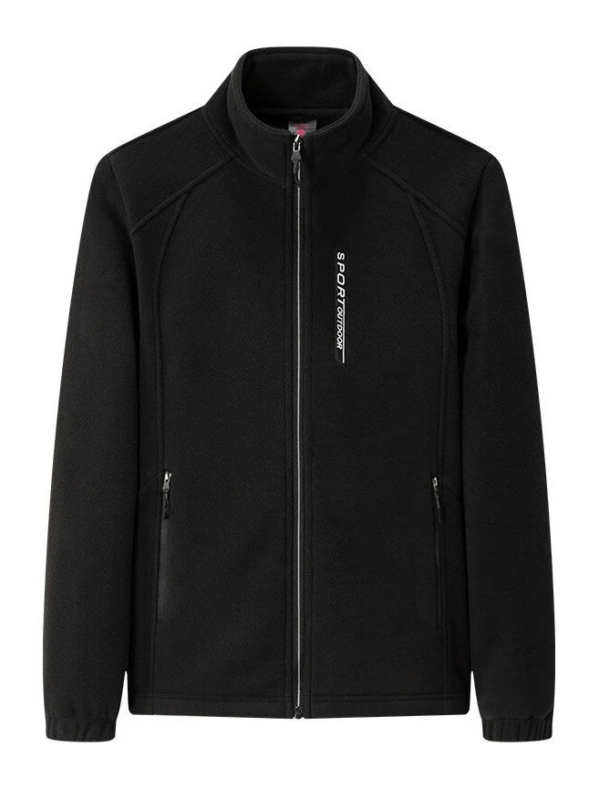 Female stand collar zip-up black fleece jacket with pockets, featuring full-length sleeves and comfortable polyester fabric - SF1843.