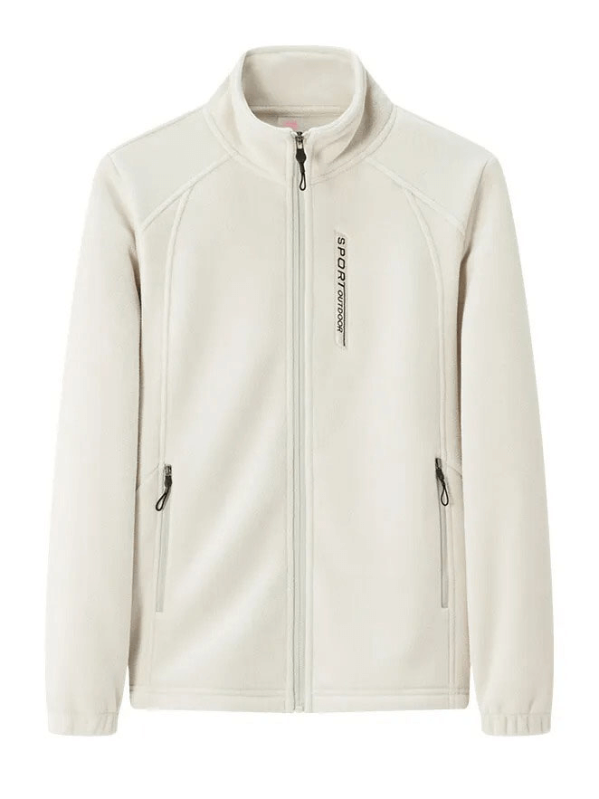Alt Tag: Cream Female Stand Collar Zip-Up Loose Fleece Jacket SF1843 with pockets, perfect for warmth and style in chilly weather.