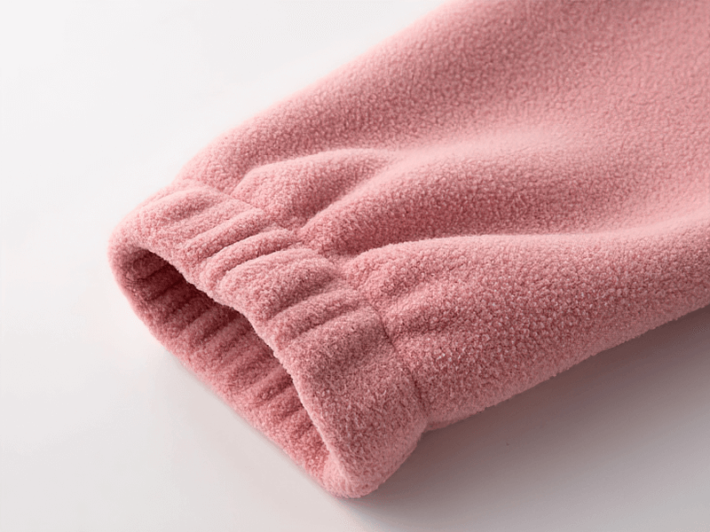 Pink stand collar zip-up fleece jacket sleeve detail, showcasing plush fabric and elastic cuff for warmth and comfort.