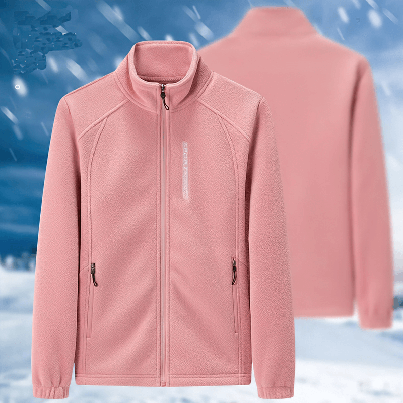 Women's pink stand collar fleece jacket with zip-up and pockets, ideal for warmth and style. SF1843 model in snowy backdrop.