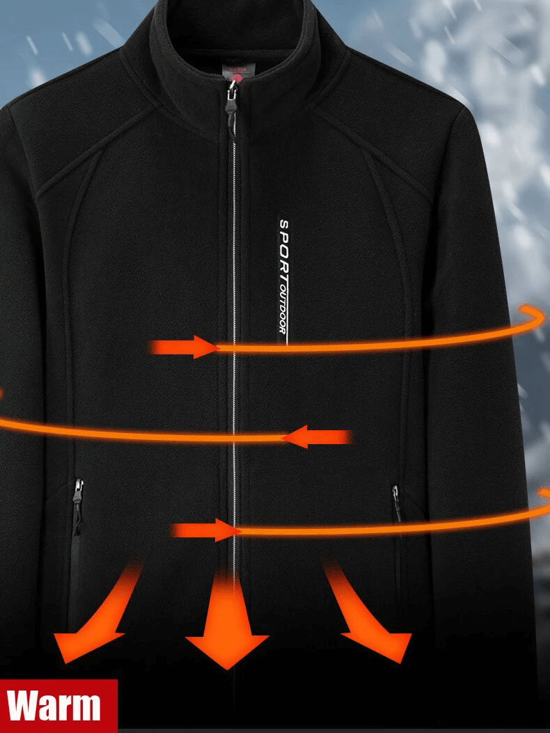 Women's black stand collar fleece jacket with zip-up, showcasing warmth-retaining arrows and sport logo, perfect for cold weather.