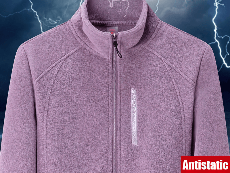 Women's stand collar zip-up fleece jacket in lavender with antistatic feature for chilly days.