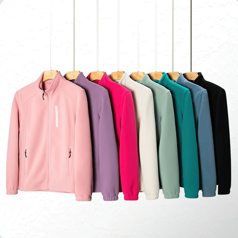 Colorful range of women's stand collar zip-up fleece jackets with pockets.