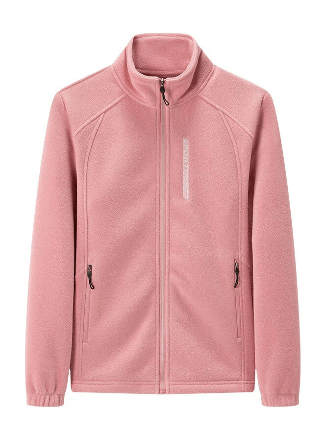 Pink women's stand collar zip-up loose fleece jacket with pockets, ideal for cozy style and warmth.