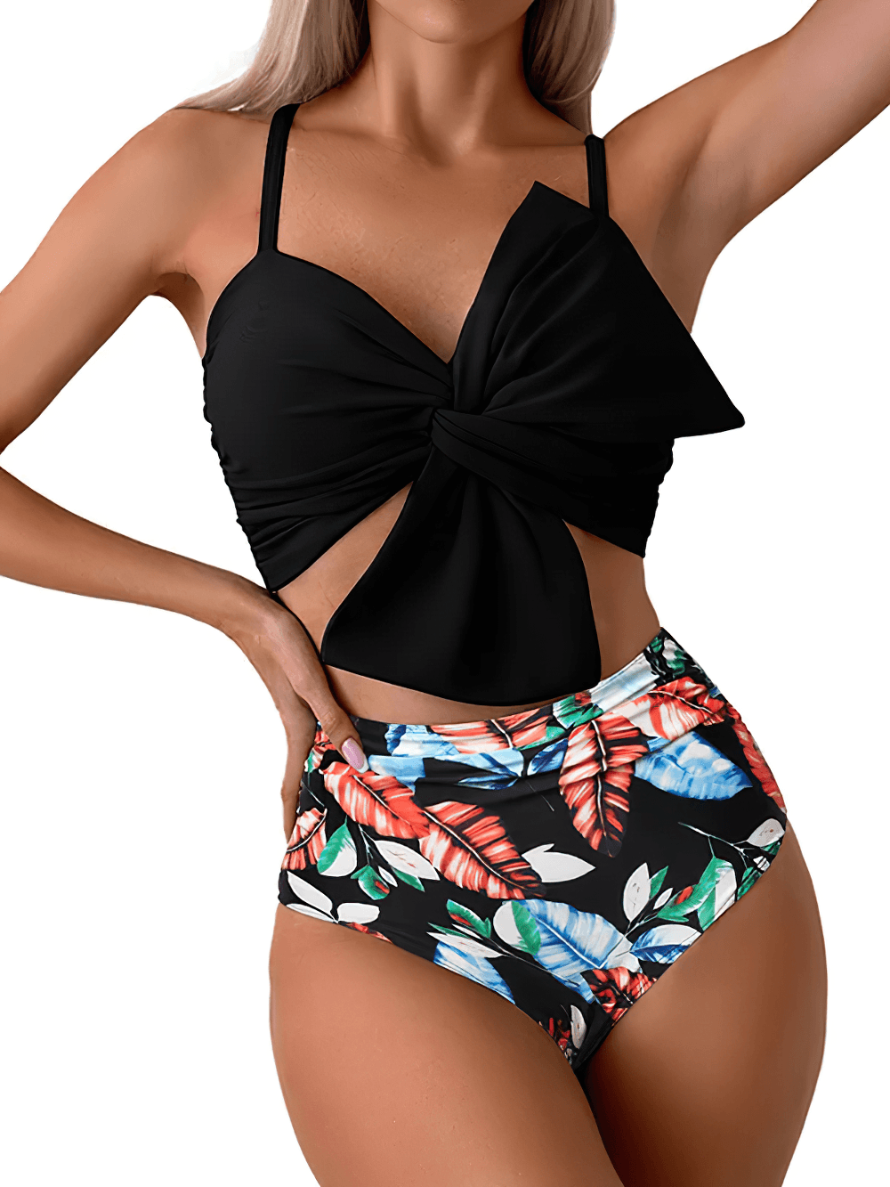 Female Twist Front High Waist Swimsuit Set - SF4611 showcasing a stylish bikini top and tropical printed high-waist bottoms.